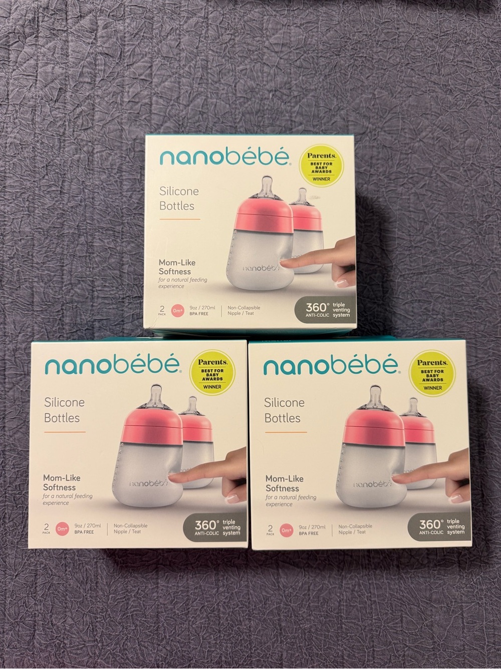 nanobébé Silicone Baby Bottles - Pink Top (3 Pack)